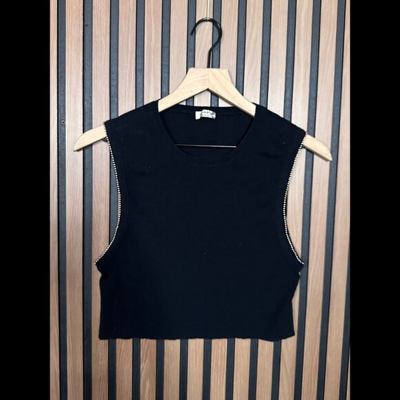 Free People Top Large Womens Black Beaded Sleeveless Trim Ribbed Stretch Fabric - Picture 1 of 7